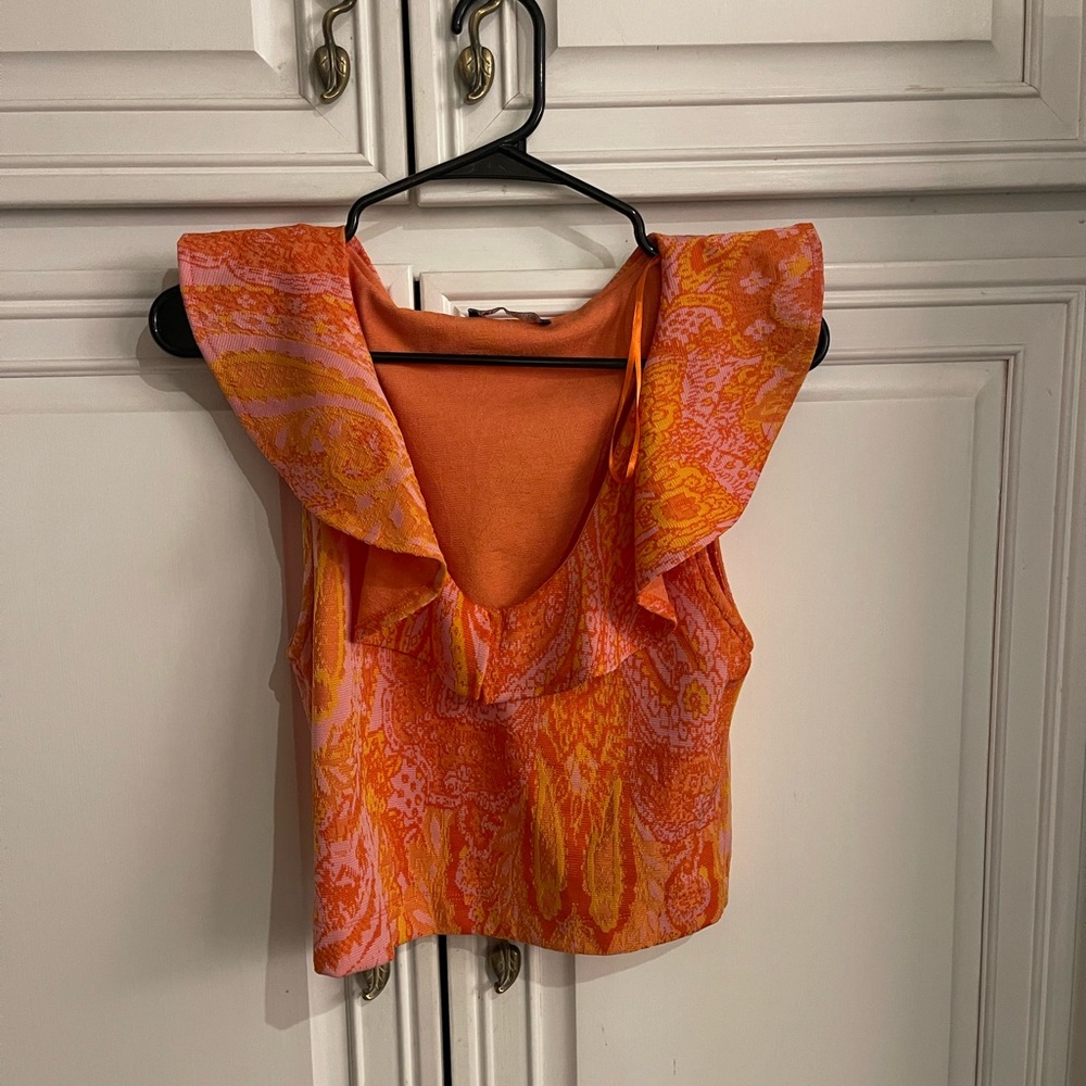 Zara Orange and Pink Ruffled Blouse